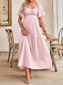 SHEIN Women's Casual Ruffle Sleeve Bow Back Design Maternity A-Line Dress - Pink - View 4