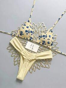 Swim Mod 女款夏季海灘花卉印花掛脖綁帶性感比基尼三角泳褲兩件式泳衣套裝 - 彩色 - 查看 1