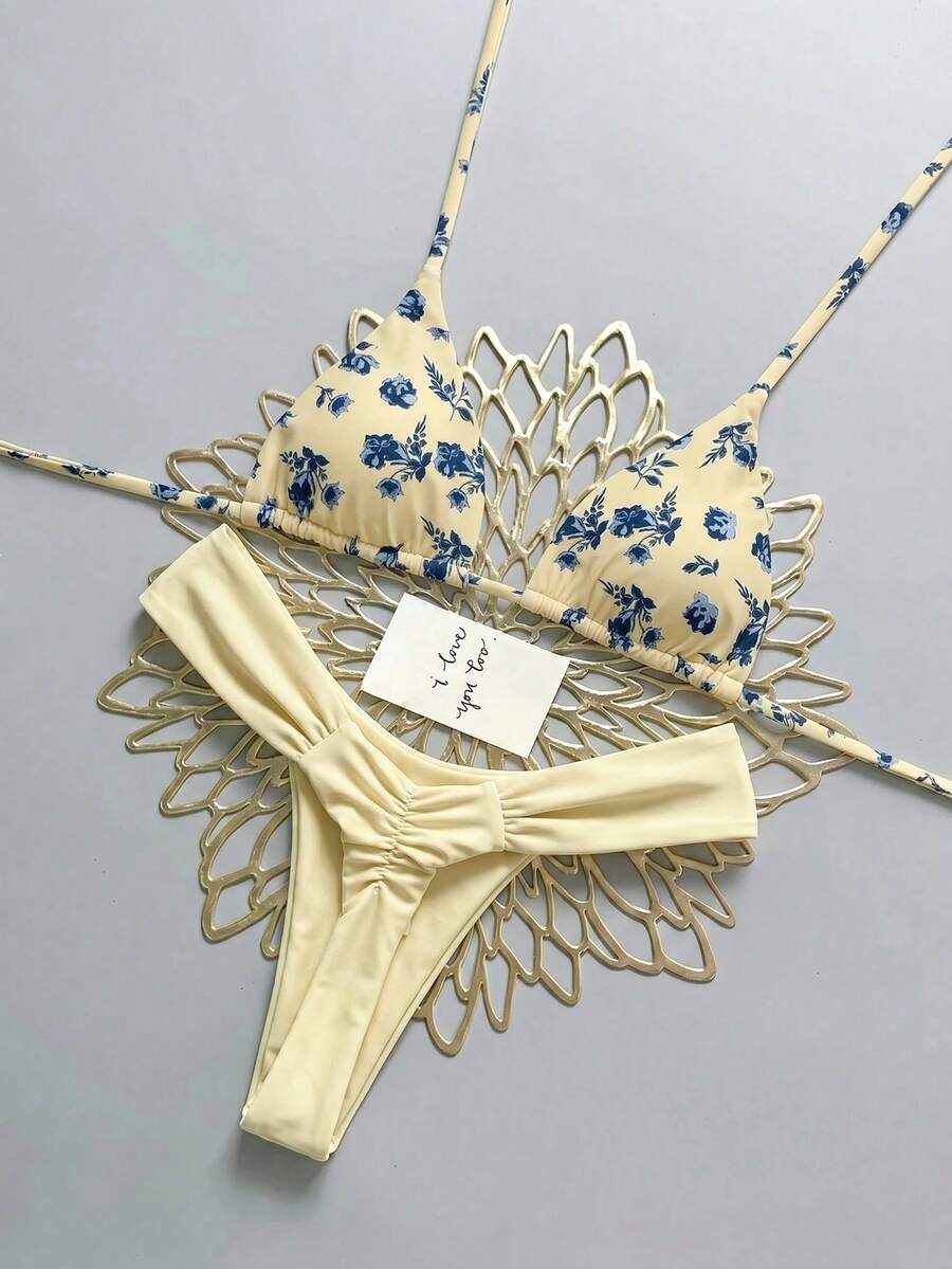 Swim Mod 女款夏季海灘花卉印花掛脖綁帶性感比基尼三角泳褲兩件式泳衣套裝 - 彩色 - 查看 1