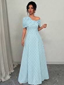 SHEIN Elenzya Asymmetrical Shoulder Ruched Waist A-Line Elegant Romantic Women's Dress - Multicolor - View 3