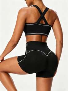 Solea Cove 1 Set, Black Criss-Cross Back Sports Set, High Waist Tummy Control Slimming Butt Lifting Shorts, Contrast Line Shaping Yoga Outfit, Soft Comfortable Fit, Suitable For Workout, Running, Casual, Yoga - Black - View 5
