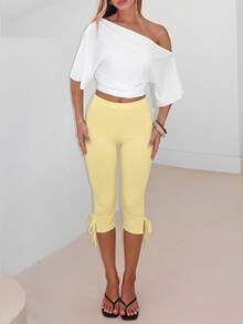 Firerie Women's Elegant Casual Spring/Summer All Seasons Solid Pale Yellow High Waist Leggings, Knitted Waist-Cinching Tight Leggings, Fashionable Versatile - Pale Yellow - View 9