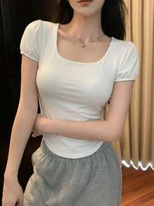 DAZY 女款方領休閒純色修身T恤 夏季 - 白色 - 查看 5