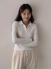 DAZY 女款素色翻領長袖休閒百搭T恤 - 白色 - 查看 4