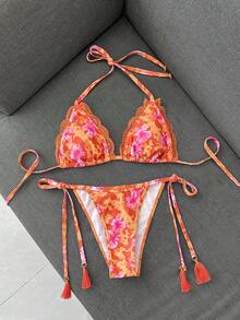 Swim Vcay 女士挂脖比基尼套装，2件套蕾丝装饰休闲性感泳装，适合海滩度假，随机橙色花卉印花 - 彩色 - 查看 1