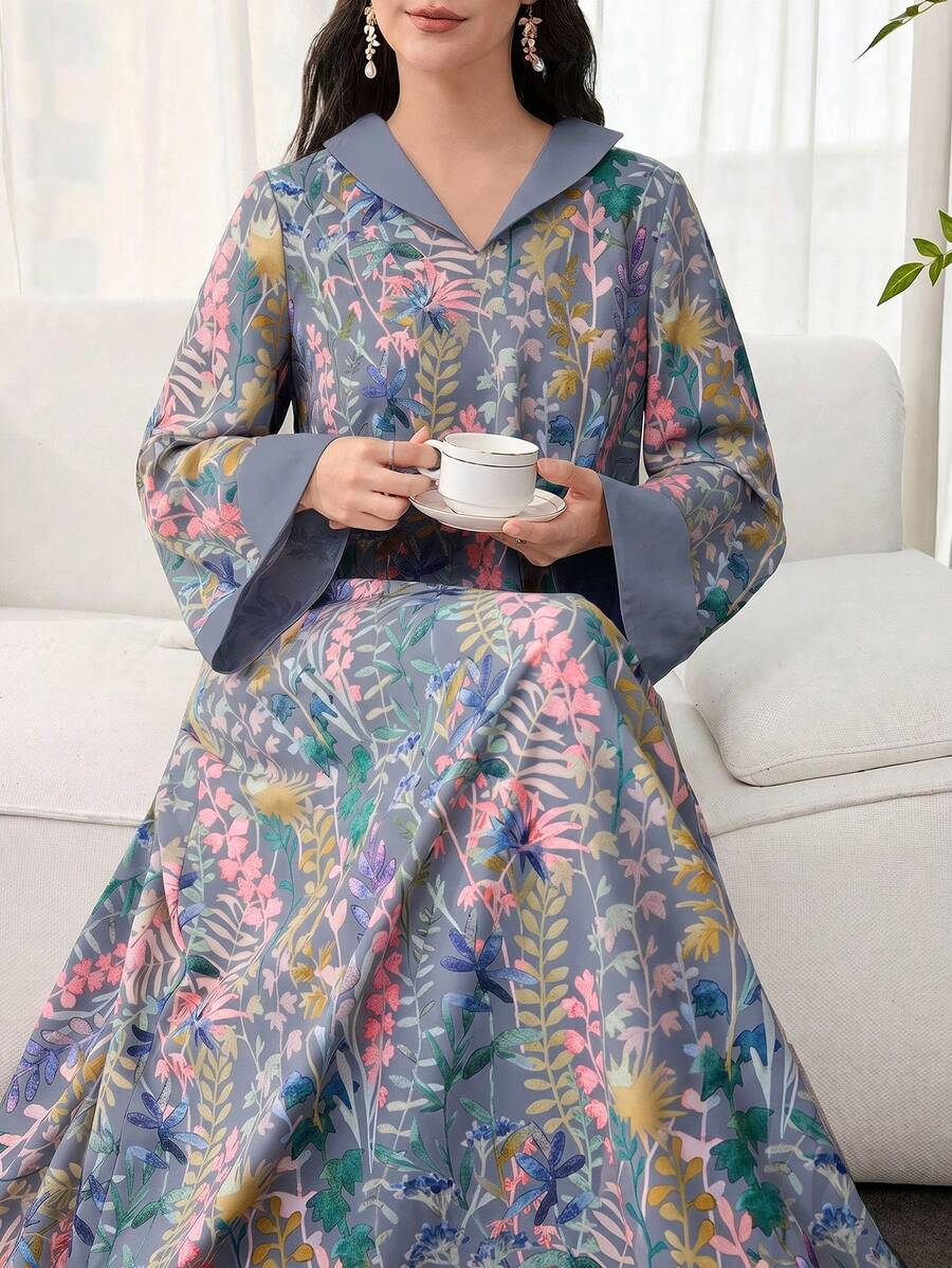 SHEIN Najma 女款花卉印花休閒派對旅行阿拉伯風洋裝 - 藍色 - 查看 1