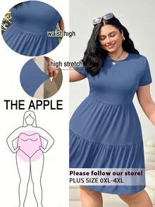 Solflare Plus Size Solid Color Ruffle Hem Round Neck Short Sleeve Summer Dress - Royal Blue - View 1