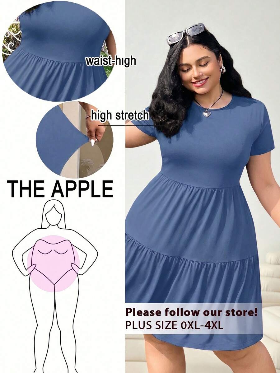 Solflare Plus Size Solid Color Ruffle Hem Round Neck Short Sleeve Summer Dress - Royal Blue - View 1