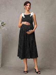SHEIN Maternity Polka Dot Print Dress With Bow - Black - View 3
