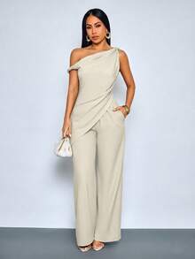 SOLERSUN Women's Asymmetrical Neck Draped Top And High Waisted Wide Leg Pants Matching Set,Old Money Style Elegant Dinner Party Khaki Summer - Apricot - View 4