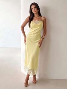 Modelyn Women's Spring/Summer New Lace Patchwork V-Neck Maxi Elegant Spaghetti Strap Vacation Dress Pale Yellow - Yellow - View 6