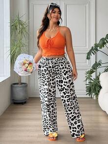 SHEIN EZwear Plus Size Women Casual Leopard Print Drawstring Waist Loose Wide Leg Pants, Suitable For Vacation, Street Fashion, Daily Commute - Multicolor - View 6