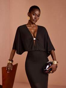 JIAN LASALA Mesh V Neck Batwing Sleeve Women Boho Dress Vacation Casual Holiday - Coffee Brown - View 1