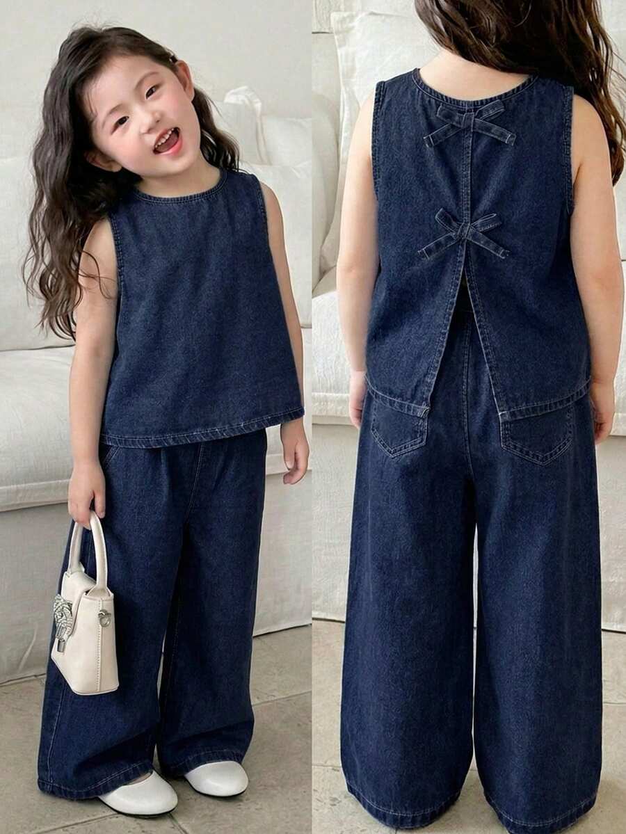 SHEIN 少女夏季休閒蝴蝶結裝飾牛仔背心與牛仔褲套裝 - 深色水洗藍 - 查看 1