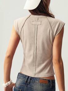 Bohemela 1pc Women's Solid Color Knit Crew Neck Fitted Washed T-Shirt - Apricot - View 2