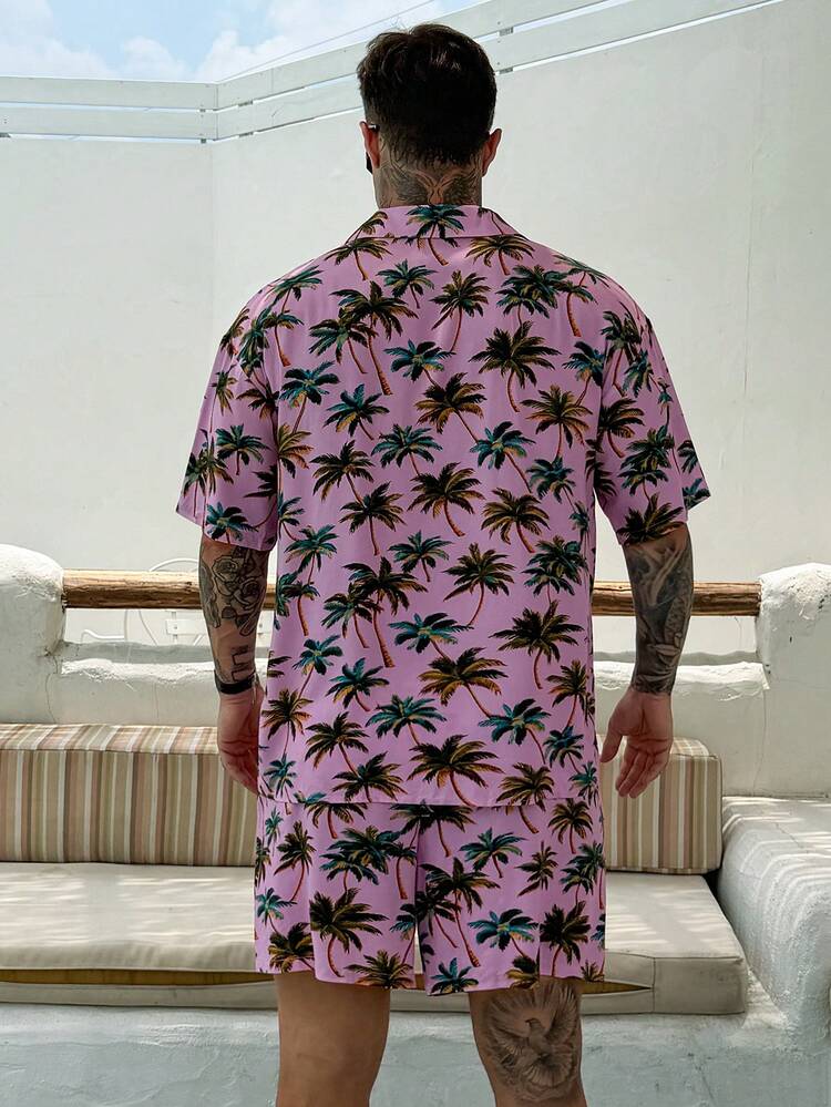 Men's Coconut Tree Print Short Sleeve Shirt And Shorts Casual Vacation Beach Set