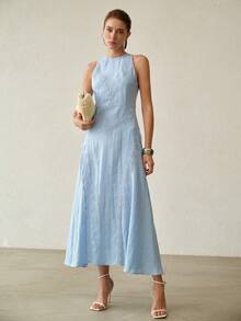 MOTF PREMIUM SPRING/SUMMER LINEN LACE PATCHWORK ELEGANT DRESS - Blue - View 6