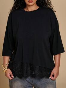 SHEIN BAE CURVE Áo thun nữ cỡ lớn màu đen phối ren, cổ tròn, vai rớt - màu đen - Xem 1