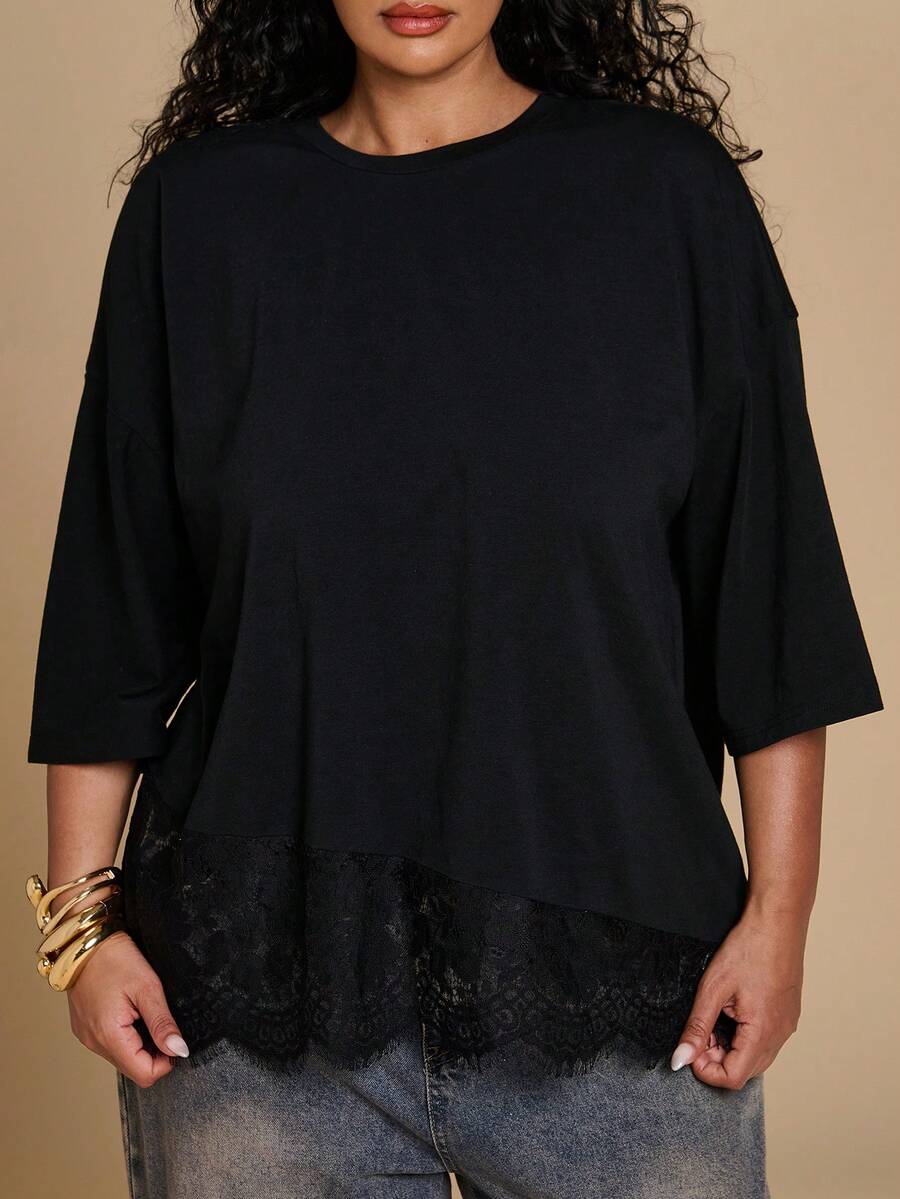 SHEIN BAE CURVE Áo thun nữ cỡ lớn màu đen phối ren, cổ tròn, vai rớt - màu đen - Xem 1