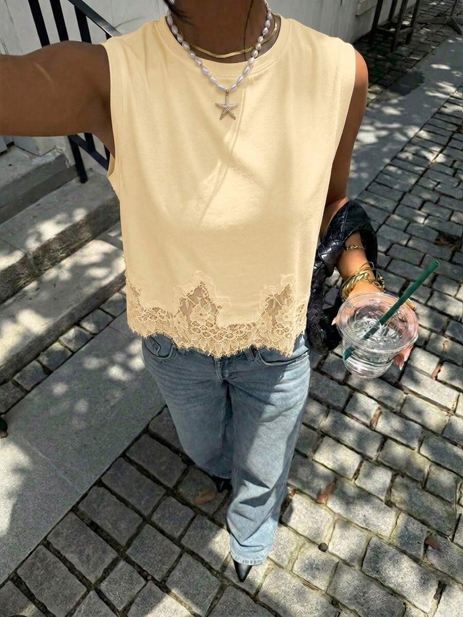 Siren Gaze Women's Summer Casual Solid Color Contrast Lace Round Neck Tank Top - Light Yellow - View 1