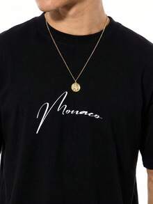 Camiseta de manga corta cuello redondo para hombre, estampado de barco y texto, corte holgado, estilo casual de verano, moda Monaco, cómoda y fresca, talles S-5XL - Negro - Ver 2