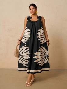 Travachic Plus Size Women's Vacation Botanical Print Casual Spaghetti Strap Dress - Black - View 7