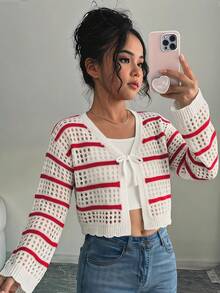 SHEIN 青少年女孩針織紅白條紋拼接休閒開襟外套 - 紅白色 - 查看 10