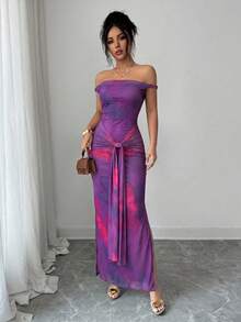 Elenzga Women's Summer New Elegant Sexy Beach Night Out Vacation Mesh Purple Sequin Print Off-Shoulder Fitted Dress - Bold Plum - View 3