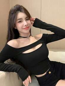 DAZY 女款方領修身T恤 性感風 夜店穿搭 黑色 秋冬露肩長袖上衣 - 黑色 - 查看 5