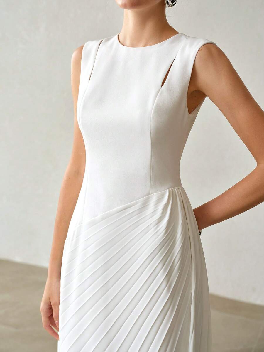 MOTF PREMIUM SPRING/SUMMER ASYMMETRIC HEM PLEATED ELEGANT CUT-OUT DRESS - Beige - View 2
