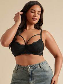 SHEIN BAE CURVE 1 件大码女士蕾丝镂空性感钢圈文胸 - 彩色 - 查看 4