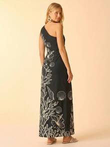CAJUNI Women's Boho Tropical Blue Ocean Shell Seahorse Coral Print, Asymmetric Shoulder Waist Gathered Midi Vacation Casual Dress - Black - View 2