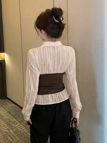 DAZY Women's 2 In 1 Collared Long Sleeve Tie-Up Elegant French Formal Brunch Office Blouse, Spring/Autumn Teachers' Day White And Black - Khaki - View 2