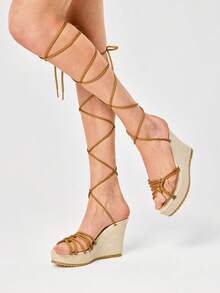 ROMWE Fairycore Women Platforms & Wedge Sandals Holiday Travel Essential Boho Cowgirl Outfit Summer - Beige + strap - View 4