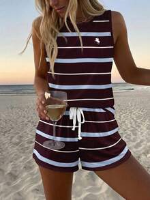 SHEIN LUNE Women's Casual Round Neck Tank Top And Shorts 2 Pieces Set, Suitable For Summer,Summer Outfits For Women - Multicolor - View 4