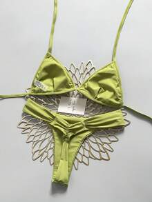 Swim Mod 夏季海灘女款 2 件組亮片刺繡面料三角繫帶上衣 & 抓皺比基尼泳褲泳衣套裝 - 綠色 - 查看 2
