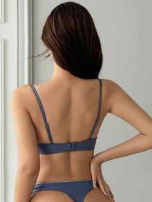 DAZY Mesh & Contrast Lace Adjustable Spaghetti Strap Bra And Panty 2-Piece Set, Summer Lingerie Outfit For Women - Blue and White - View 2