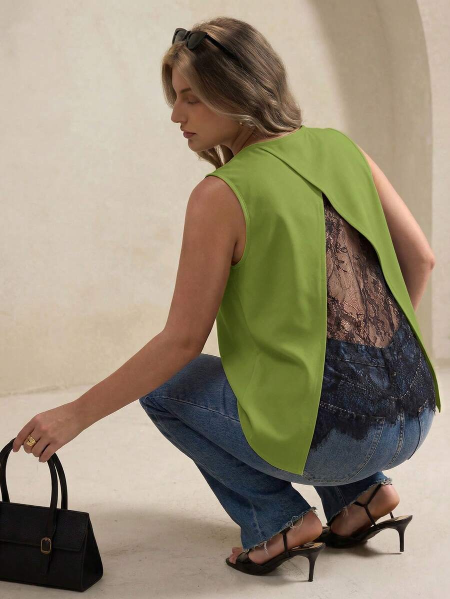 Elegantrix Áo tank top nữ size lớn phong cách Pháp thanh lịch, không tay, phối patchwork lưng, gợi cảm, xuyên thấu bằng lưới thêu, phù hợp mặc hàng ngày và đi làm - màu xanh lá - Xem 1