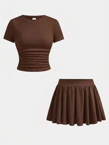 SHEIN Girlism 兒童青少年女孩夏季修身T恤與裙子兩件套，新款夏季棕色純色短袖T恤防走光裙套裝，女孩日常通勤百搭套裝，適合日常通勤、優雅、派對、約會、家庭聚會、畢業禮物、度假穿著 - 棕色 - 查看 4