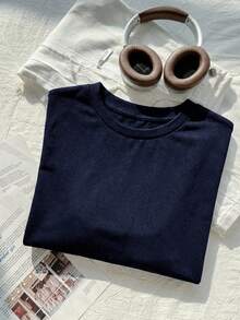 Comfortcana Deep Blue Short Sleeve Round Neck Lace Hem Loose Plus Size Women's T-Shirt - Navy Blue - View 4