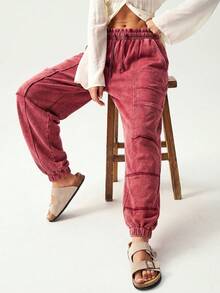 Bohemela Casual Solid Color Knit Loose Cuffed Sweatpants For Women - Burgundy - View 3