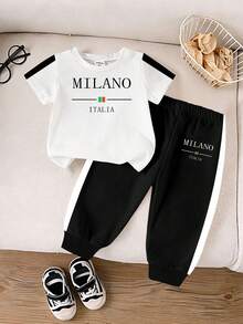 2件組男嬰休閒經典配色側條紋MILANO/ITALIA字母印花圓領T恤與配套側條紋長褲套裝，適合夏季、居家休閒、戶外穿著、運動裝、校服、韓系風格、開學季，舒適易穿，時尚男嬰T恤、男嬰短褲，兒童圖案複刻，新風格，春季氛圍與夏季度假氣息，開學季、戶外活動、聚會、野餐、街拍、節日場合與送禮 - 彩色 - 查看 3