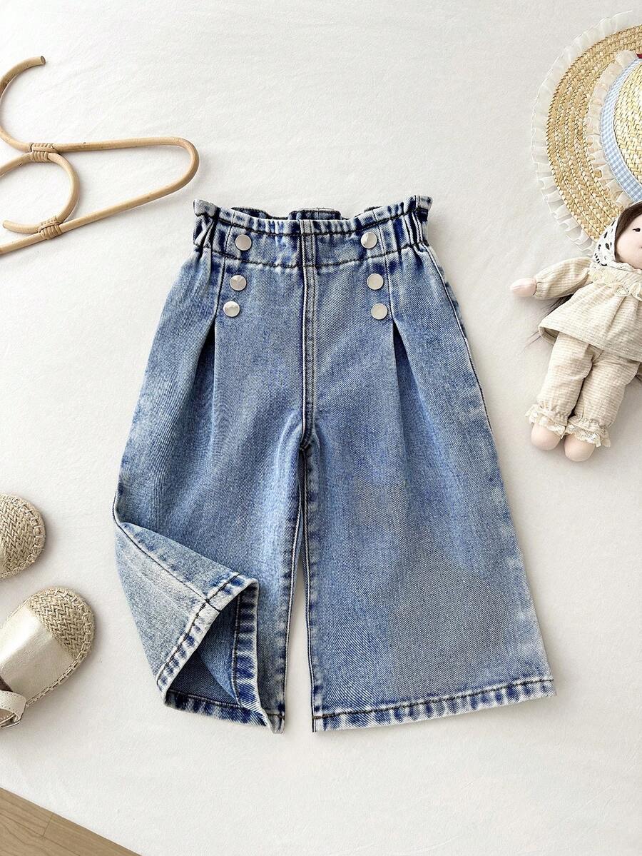 LMoss Kids Celana Panjang Denim Longgar Berlipit Kancing Kasual Serbaguna untuk Bayi Perempuan - Medium Wash - View 1