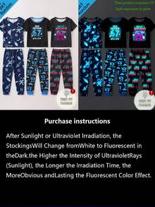 [Randomly Shipped 1 Set]Young Boys Pajamas Spring/Summer New Glow-In-The-Dark Hot-Selling Elements Universe, Rocket, Astronaut, Fun Digital Human 67 Combination Pattern Print, Knitted Tight Fit High Elastic Fabric Short Sleeve Long Pants Pajama 2-Piece Set Tight Fit Pajama (Randomly Shipped) 1 Set Will Be Shipped At Random - Multicolor - View 3