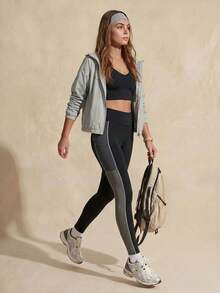 Exploreva Back To School Women's Side Pocket Contrast Color Patchwork Mesh Sports Long Pants - Black - View 2