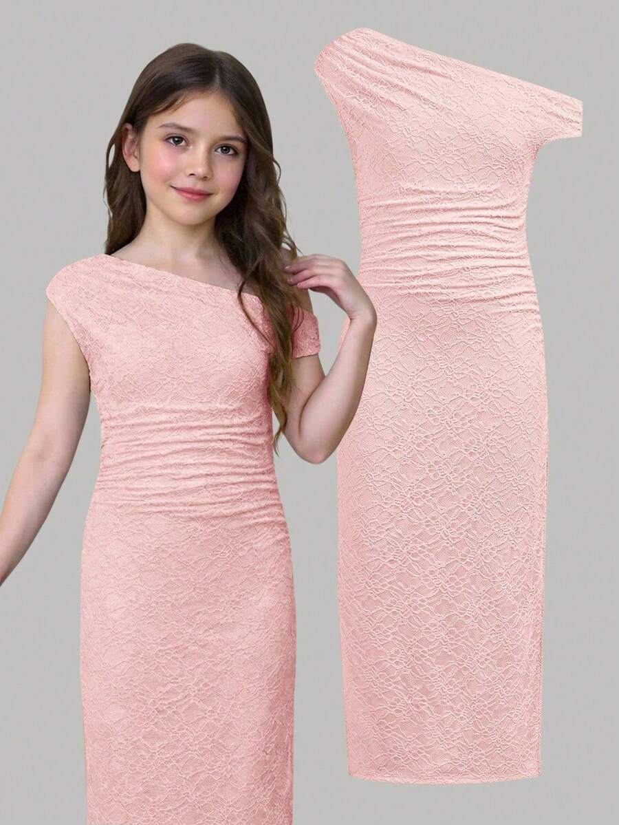 SHEIN Girlism 少女版黃色提花針織不對稱單肩修身優雅洋裝 模特兒風女童禮服 婚禮賓客裙 - 粉色 - 查看 1