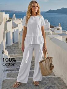 EMERY ROSE Women's Solid Color Cotton Linen 100 Round Neck Casual Simple Ruffled Top And Trousers Two-Piece Set Vacation All White Women's Two-Piece Casual Wear - White - View 7