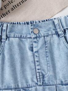 SHEIN 女童復古水洗牛仔時尚百搭舒適休閒簡約彈性腰 H版 A版貼身百褶牛仔裙 - 淺色水洗藍 - 查看 8