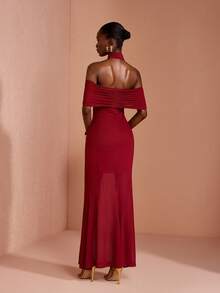 JIAN LASALA Mesh Halter Neck Ruched Sleeve Women Boho Dress Vacation Casual Holiday - Burgundy - View 2