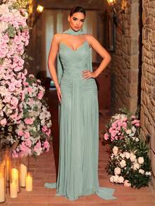 Glamrae Elegant, , Fashionable Elastic Mesh Handmade Ruched A-Line Dress, Suitable For Party, Wedding Guest, Pink Color, And Formal Evening Gown - Mint Green - View 5
